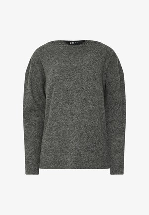 Sweter z długim rękawem, okrągłym dekoltem, w ciemnoszarym kolorze, wykonany z miękkiej, teksturowanej tkaniny i o luźnym kroju.