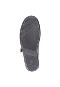 Suola di scarpa in gomma nera con modelli di grip testurizzati; presenta il marchio ECCO e la taglia 37. Design piatto con bordi arrotondati, materiale resistente.
