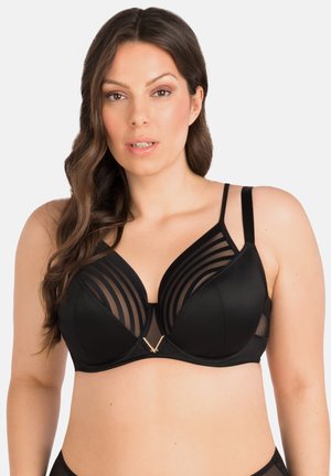 Black bra featuring sheer striped panels, smooth cups, and a gold accent detail at the center. Adjustable straps with a wide band for support.