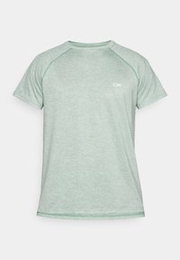 Camiseta atlética de manga corta verde claro con un patrón texturizado, mangas raglán y un pequeño logo blanco en el pecho.