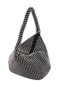 Borsa a tracolla nera in tessuto, decorata con borchie metalliche, dotata di un manico curvo e di una chiusura con zip. Design compatto e testurizzato.