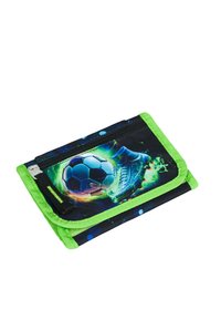 Zippered wallet featuring a black fabric design with green trim, depicting a soccer ball and cleats with bright accents and patterns.
