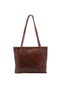 Borsa a spalla in pelle marrone con due manici, texture liscia, forma rettangolare e cuciture visibili lungo le cuciture.