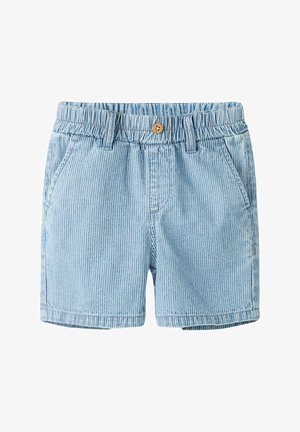 Világoskék és fehér, függőlegesen csíkos pamut rövidnadrág elasztikus derékrésszel, gombos záródással, övbújtatókkal és első zsebekkel.