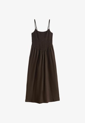 Brūna, bez piedurknēm kleita ar plānām lencītēm; sasietota vidukļa daļa un plūstoša svārku daļa; mīksts audums, ceļa garuma; vienkāršs, neskaistināts dizains.