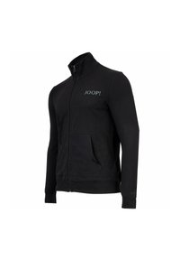 Schwarze Zip-Jacke aus weichem Stoff, mit hohem Kragen, zwei Fronttaschen und dem in hellgrau bedruckten Logo "JOOP!".