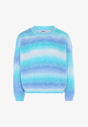 Pull en tricot avec un motif dégradé dans des tons de bleu clair, de teal et de lavande. Encolure ras du cou et manches longues côtelées.