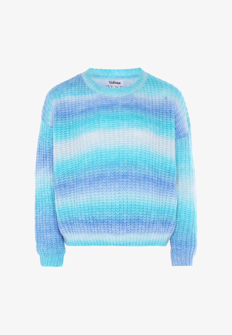 Strickpullover mit einem Farbverlauf-Muster in hellblau, teal und lavendelfarbenen Tönen. Rundhalsausschnitt und lange, gerippte Ärmel.