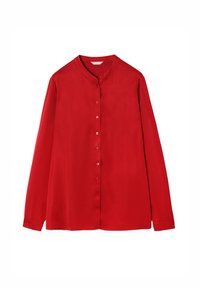 Red long-sleeve blouse made from smooth fabric features a round collar and a button-down front with a placket.