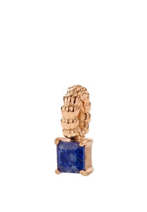 Gold textured hoop earring with a square blue gemstone pendant held by four prongs against a white background.