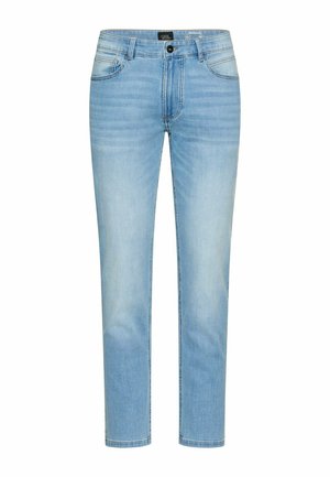 Lyseblå slim-fit jeans med frontknap, lynlås og fem lommer, vist mod en hvid baggrund.