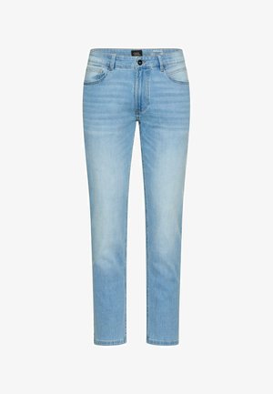 Light blue slim-fit jeans with front button, zipper fly, and five pockets, displayed against a white background.