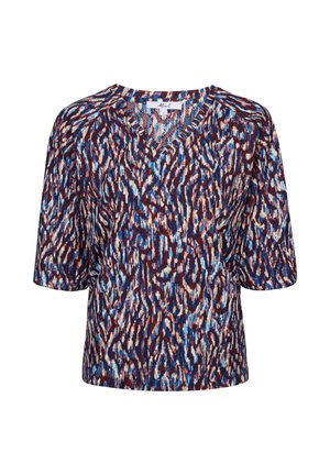 Blouse met V-hals en korte mouwen met kleurrijke abstracte dierenprint in tinten blauw, bruin en beige op een gestructureerde stof.