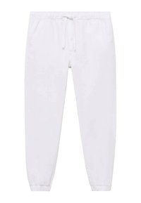 Pantaloni da jogging bianchi realizzati in tessuto morbido, dotati di una fascia elastica in vita con coulisse, due tasche laterali e polsini aderenti alle caviglie.