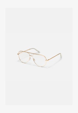 Tyndt guldmetal aviator-stil briller med klare linser og klare plastspidsede stænger på en hvid baggrund.