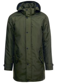 Oliwkowo-zielona parka z kapturem, zapinana na guziki, z bocznymi kieszeniami i detalami na mankietach. Gładka tekstura i długość do połowy uda.