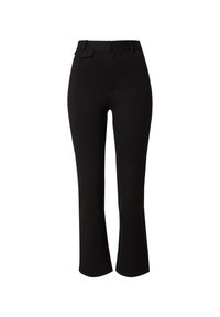 Schwarze Hose mit maßgeschneidertem Schnitt, mittelhoher Taille, detaillierten Fronttaschen und ausgestelltem Bein Design. Hergestellt aus einem glatten, dehnbaren Stoff.