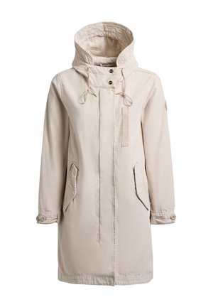 Palton lung bej deschis cu glugă, fermoar frontal, două buzunare oblice cu clapetă, manșete cu nasturi și șnururi la gât.