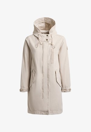 Světlý béžový dlouhý kabát s kapucí, předním zipem, dvěma šikmými klopovými kapsami, zapínáním na knoflíky na manžetách a šňůrkami u krku.