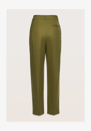 Oliiviroheline kohandatud pükste lõige sirge säärega, tagakotiga ja siledast, tekstuurist viimistlusega.