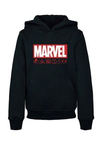 Zwarte hoodie met een voorste kangoeroezak, voorzien van een groot wit "MARVEL" logo en rode iconen eronder. Zachte, katoenen stofmix.