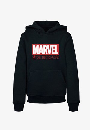 Čierna mikina s kapucňou a prednou klokankou, ktorá obsahuje veľké biele logo "MARVEL" a červené ikony pod ním. Mäkko, zmesi bavlny.