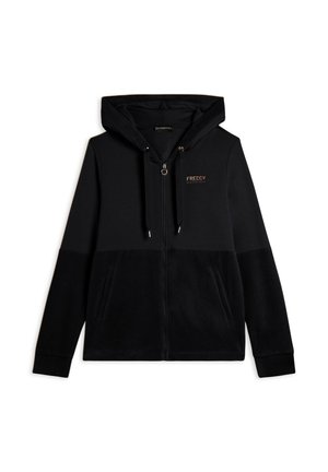 Haut à capuche zippé en polaire noir avec poches avant, cordons de serrage et un petit logo "FREDDY" sur la poitrine.