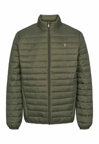 Olivovo zelená, zateplená bunda so stojačikom, so zipsovým uzáverom a elastickými manžetami; obsahuje horizontálne prešívané línie a malú logo akcentáciu.