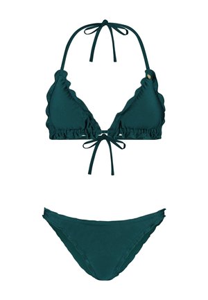 Set de bikini teal, format dintr-un sutien triunghi cu margini volănoase și fire ajustabile, completat de un fund lejer asortat. Textură netedă.