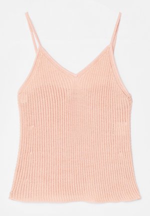 Peach-colored knitted camisole, featuring thin adjustable straps, a V-neck design, ribbed texture, and a straight hem.