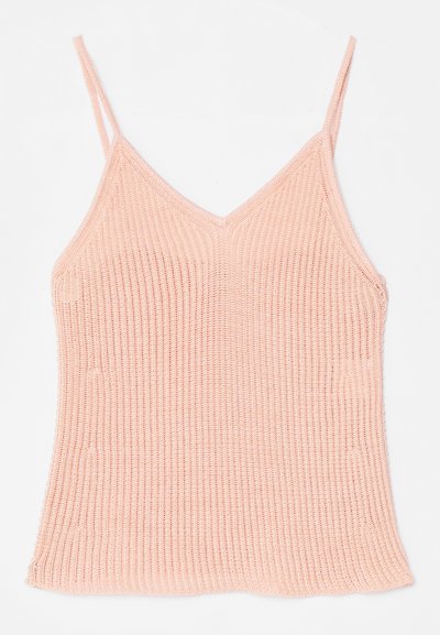 Ροζ-κοραλλί πλεκτό καμισόλ, με λεπτές ρυθμιζόμενες τιράντες, σχέδιο σε V, ριπ ύφανση και ευθεία τελειώματα.