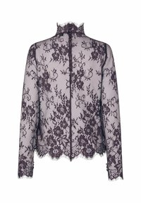 Blouse noire en dentelle florale à manches longues, col montant, fermeture boutonnée au dos et bords festonnés aux manches et à l'ourlet.