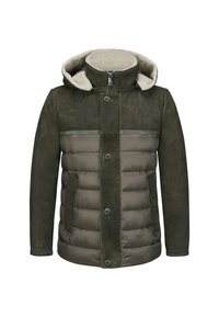 Gefütterte Jacke in einem dunklen Olivgrün, mit einer Kapuze aus Kunstleder-Fellfutter, glatten und strukturierten Paneelen sowie einer Frontknopfleiste.