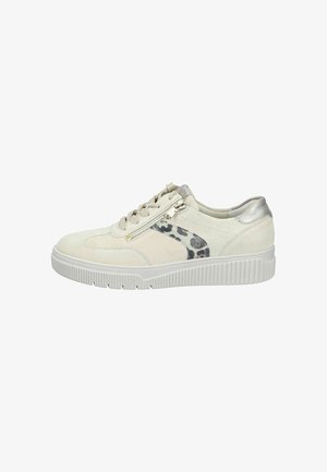 Cream suede sneaker with side zipper, leopard print detail, lace-up front, and silver metallic accent on heel, on white rubber sole.