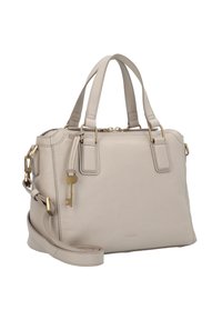 Sac à main en cuir beige avec ferrures dorées, doubles poignées supérieures, bandoulière amovible et détail en forme de clé sur le côté. Logo embossé à l'avant.