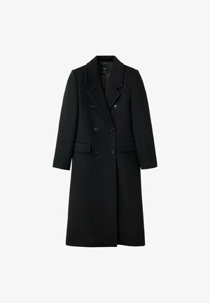 Manteau en laine noir, à double boutonnage, avec une coupe ajustée, des revers en pointe, deux poches avant et des fermetures à bouton, présentant une coupe droite.