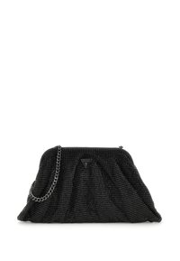 Geantă din mărgele negre cu un brâu de lanț, design pliat și o plăcuță logo triunghiulară pe față. Suprafață texturată cu mărgele strălucitoare.