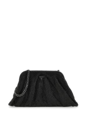Borsa a tracolla nera con perline, design plissettato e una placca con logo triangolare sulla parte frontale. Superficie testurizzata con perline lucenti.