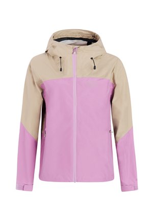 Tweedelige beige en roze waterdichte jas met capuchon, ritssluiting aan de voorkant, verstelbare capuchonkoorden en met rits afgesloten zijzakken.