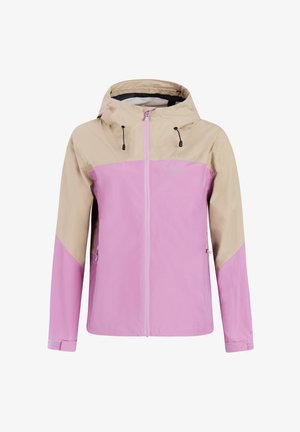 Tweedelige beige en roze waterdichte jas met capuchon, ritssluiting aan de voorkant, verstelbare capuchonkoorden en met rits afgesloten zijzakken.