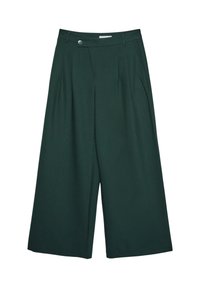 Weit geschnittene Hosen aus dunkelgrünem Stoff mit Knopfverschluss und gefaltetem Vorderdesign. Glatte Textur ohne sichtbare Muster oder Akzente.