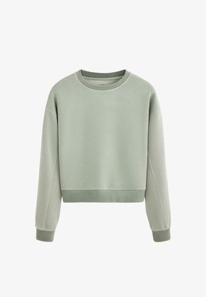 Világoszöld, hosszú ujjú, kerek nyakú pulóver bordázott mandzsettával és szegéllyel, fehér háttér előtt bemutatva.