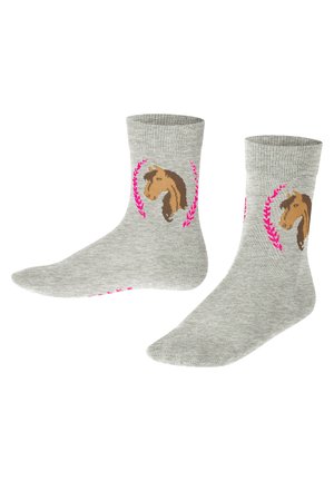 Graue Baumwollsocken mit einem braunen Pferde-Motiv, umgeben von rosa Lorbeerblättern. Weicher Stoff, knöchelhoch und mit gerippten Bündchen.