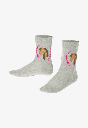 Graue Baumwollsocken mit einem braunen Pferde-Motiv, umgeben von rosa Lorbeerblättern. Weicher Stoff, knöchelhoch und mit gerippten Bündchen.