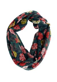 Florale Infinity-Schal mit dunklem grünen Hintergrund, der mit roten, rosa und gelben Blumenmustern versehen ist, aus leichtem, weichem Stoff gefertigt.