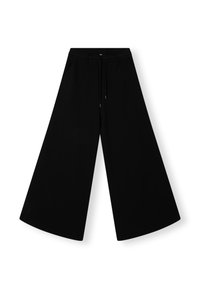 Czarne szerokie spodnie wykonane z miękkiego materiału, z elastycznym paskiem w talii i ściągaczem oraz bocznymi kieszeniami. Czysty, minimalistyczny design.