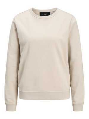 Beige genser med rund hals, lange ermer, ribbestrikkede mansjetter og kant, laget av mykt bomullsstoff. Lett design uten mønstre.