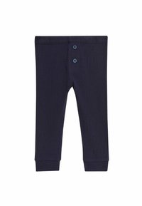 Marinblå ribbade leggings med två blå knappdetaljer vid midjan och åtsittande muddar vid anklarna. Mjuk textur genom hela plagget.