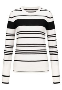 Černobílý pruhovaný svetr, dlouhé rukávy, kulatý výstřih, měkká pletená látka, horizontální pruhy různé tloušťky, žebrované manžety a lem.