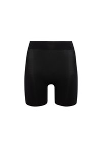 Zwarte naadloze shorts met een hoge taille, gemaakt van soepel, rekbaar materiaal. Kenmerkt zich door een lengte tot halverwege de dijen en geen zichtbare naden of hardware.